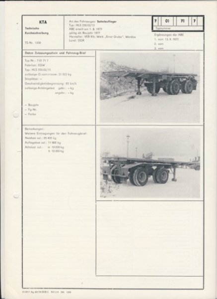 Sattelauflieger HLS 250.05/10, ab 1977, VEB Kfz.- Werk "Ernst Grube" Werdau