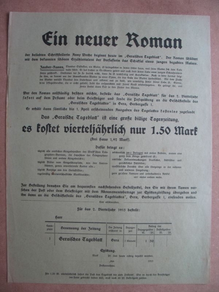 Geraisches Tageblatt, Gera, Reklame für Roman von Anny Wothe, um 1920