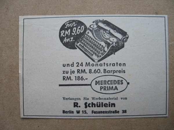 Mercedes Schreibmaschine, Schülein Berlin, 1939