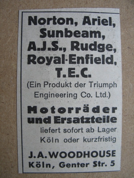 Motorräder Woodhouse Köln, 1939, Norton, Ariel, Sunbeam, Rudge, AJS, Royal- Enfield