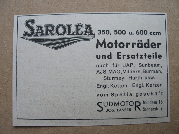 SAROLEA Motorräder, Jos. Lasser München, 1939