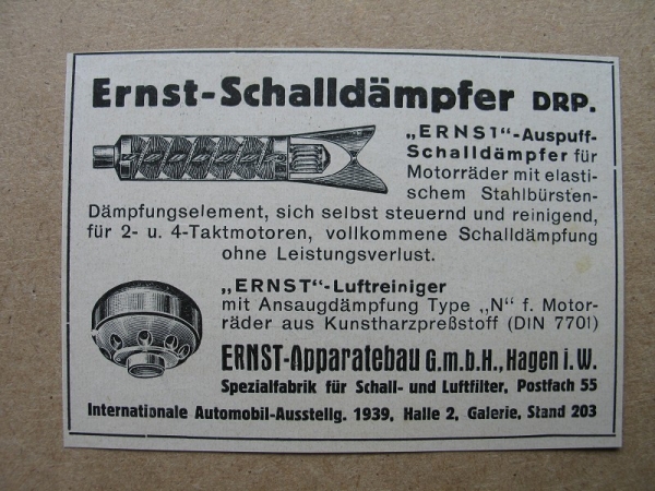 Ernst Apparatebau Hagen, Schalldämpfer, Auspuff, 1938