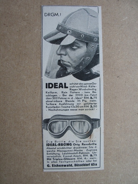IDEAL Motorradbrillen, G. Eichenwald Düsseldorf, 1938