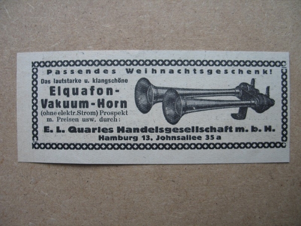 Elquafon Vakuum- Horn, Quarles Hamburg, 1938
