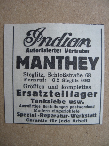 Indian Vertreter Manthey Berlin Steglitz, 1938
