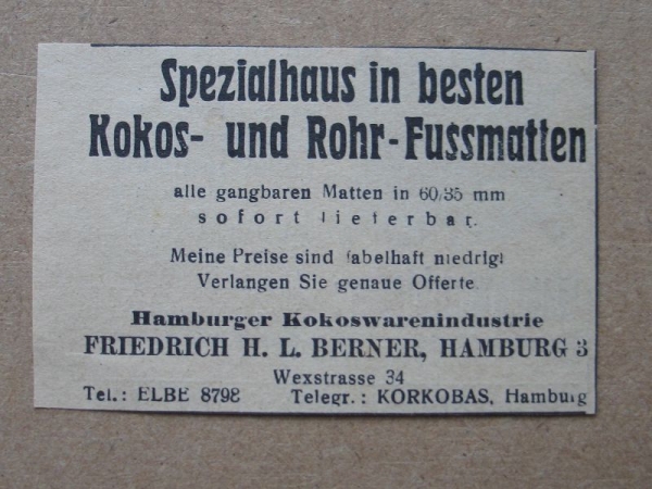 Kokos- Rohr- und Fussmatten, Berner Hamburg, KORKOBAS