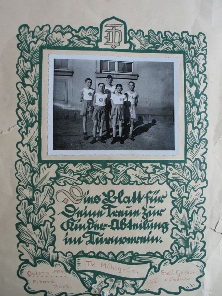 Foto, Urkunde, Turnverein Mühlgrün (Auerbach/ Vogtland), 1934