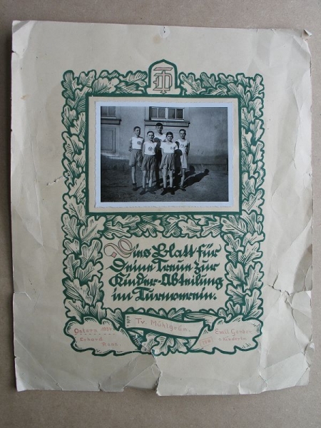Foto, Urkunde, Turnverein Mühlgrün (Auerbach/ Vogtland), 1934