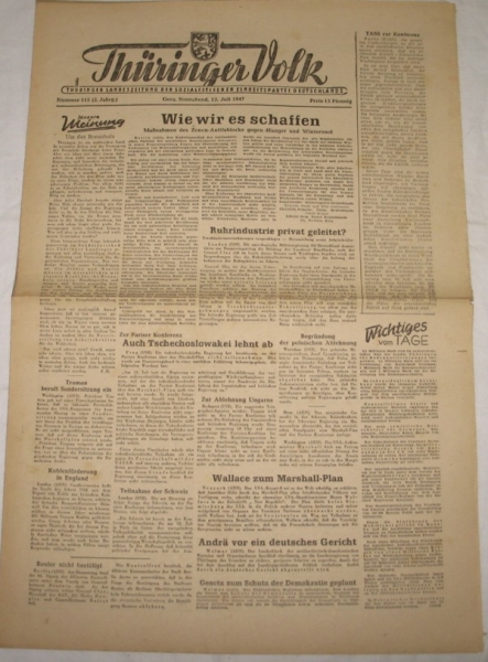 Thüringer Volk, Gera,  12. Juli  1947, Ronneburg, Paitzdorf und Haselbach